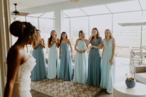 Bridesmaids First Look Wedding Portrait | Dusty Light Blue Mismatched Bridesmaids Dress Inspiration