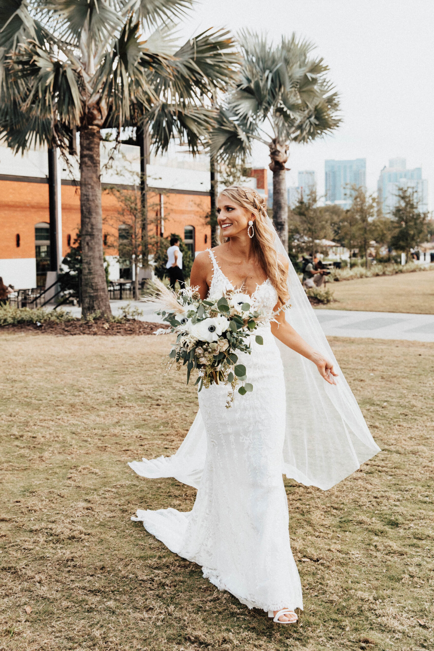 White Lace Fit and Flare Deep V-Neckline Wedding Dress | Chapel Length Veil Ideas