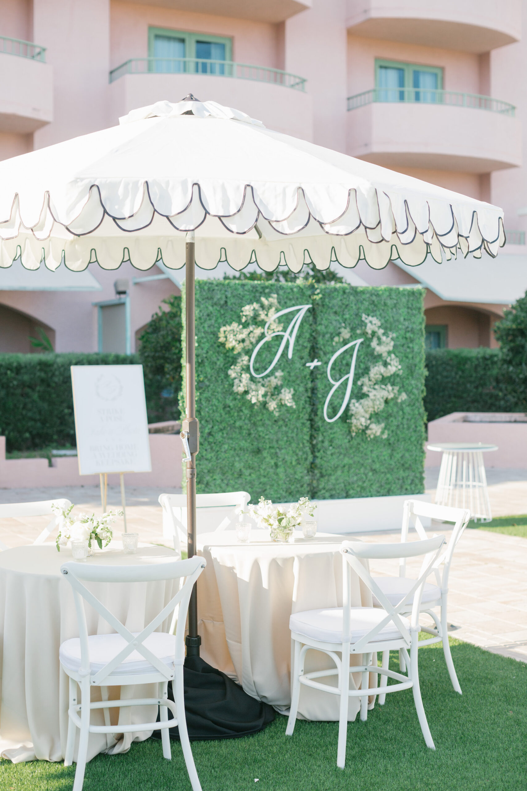 Outdoor Wedding Cocktail Hour | Greenery Wall with Bride and Groom Initials Decor Ideas