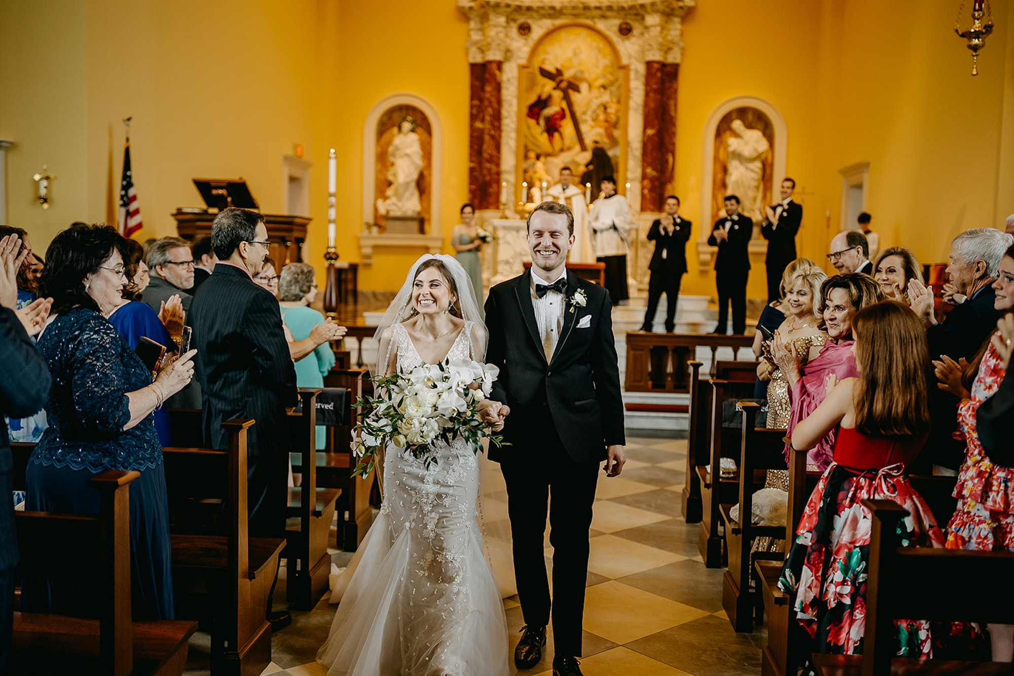 Bride and Groom Walking Down Aisle | Catholic Wedding Ceremony | Tampa Bay Church The Chapel of the Holy Cross