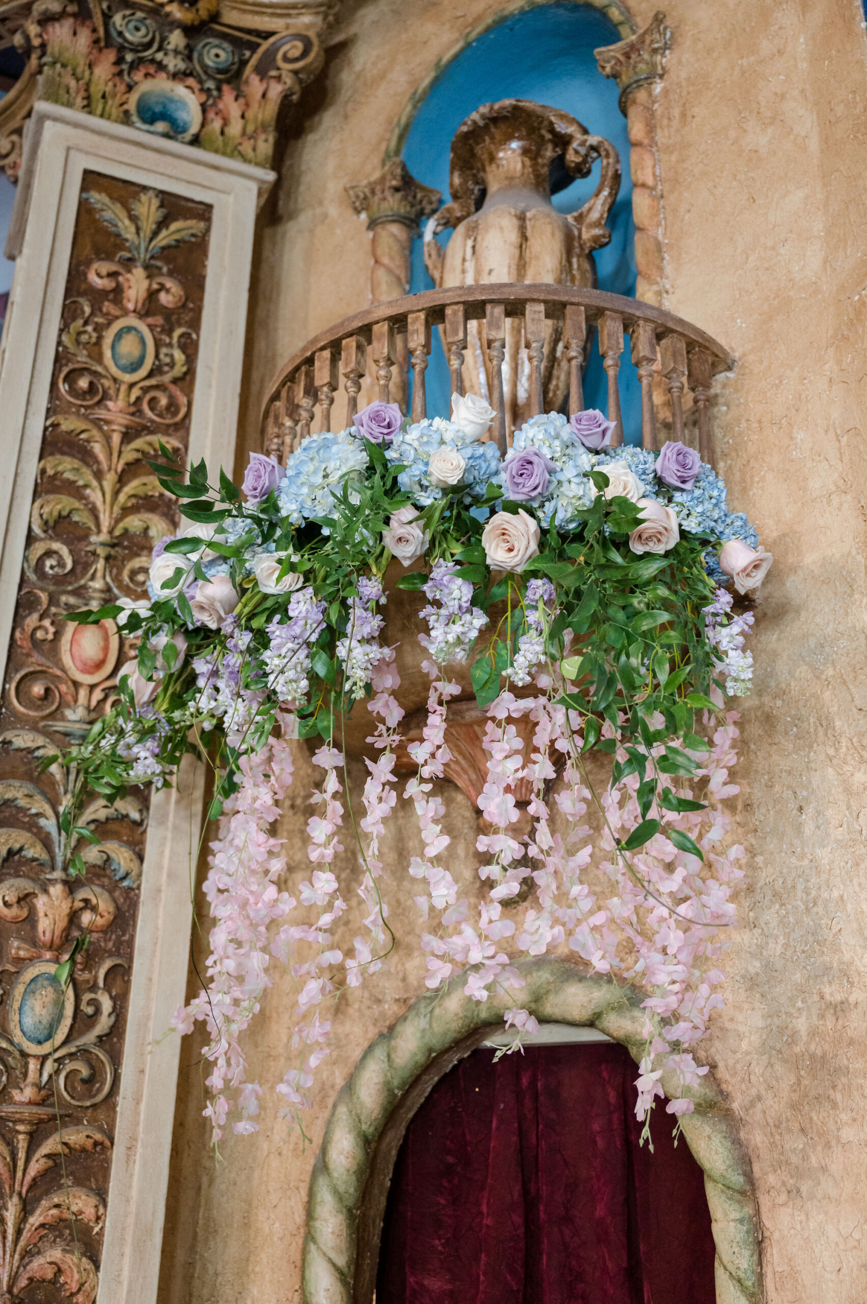 Whimsical Victorian Themed Wedding Inspiration | Pastel Blue Hydrangeas, Purple and Pink Roses Cascading Flower Arrangements | Tampa Bay Florist Save the Date Florida