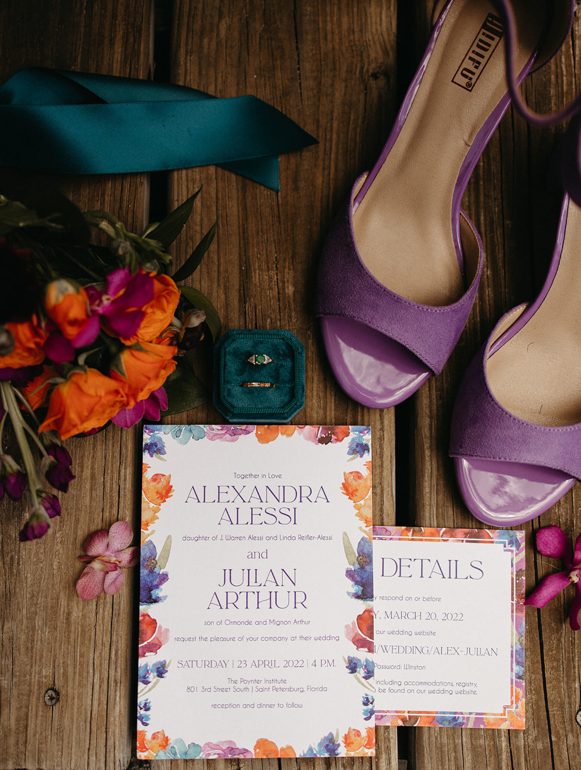 Jewel Toned Floral Wedding Invitation | Emerald Velvet Engagement Ring Box | Purple Open Toe Wedding Shoe Inspiration