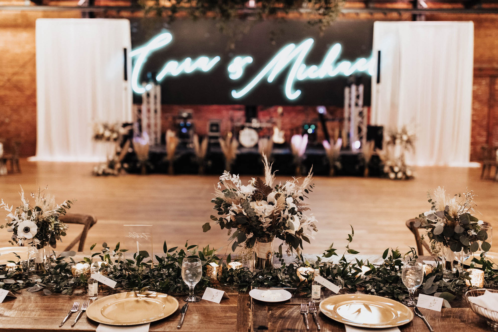 Personalized Neon Name Sign | Sweetheart Long Feasting Table | Ruscus Greenery Table Centerpiece Ideas | Eucalytus, Fern, White Anemone, Rose, Pampas Grass Wedding Bouquet Idea