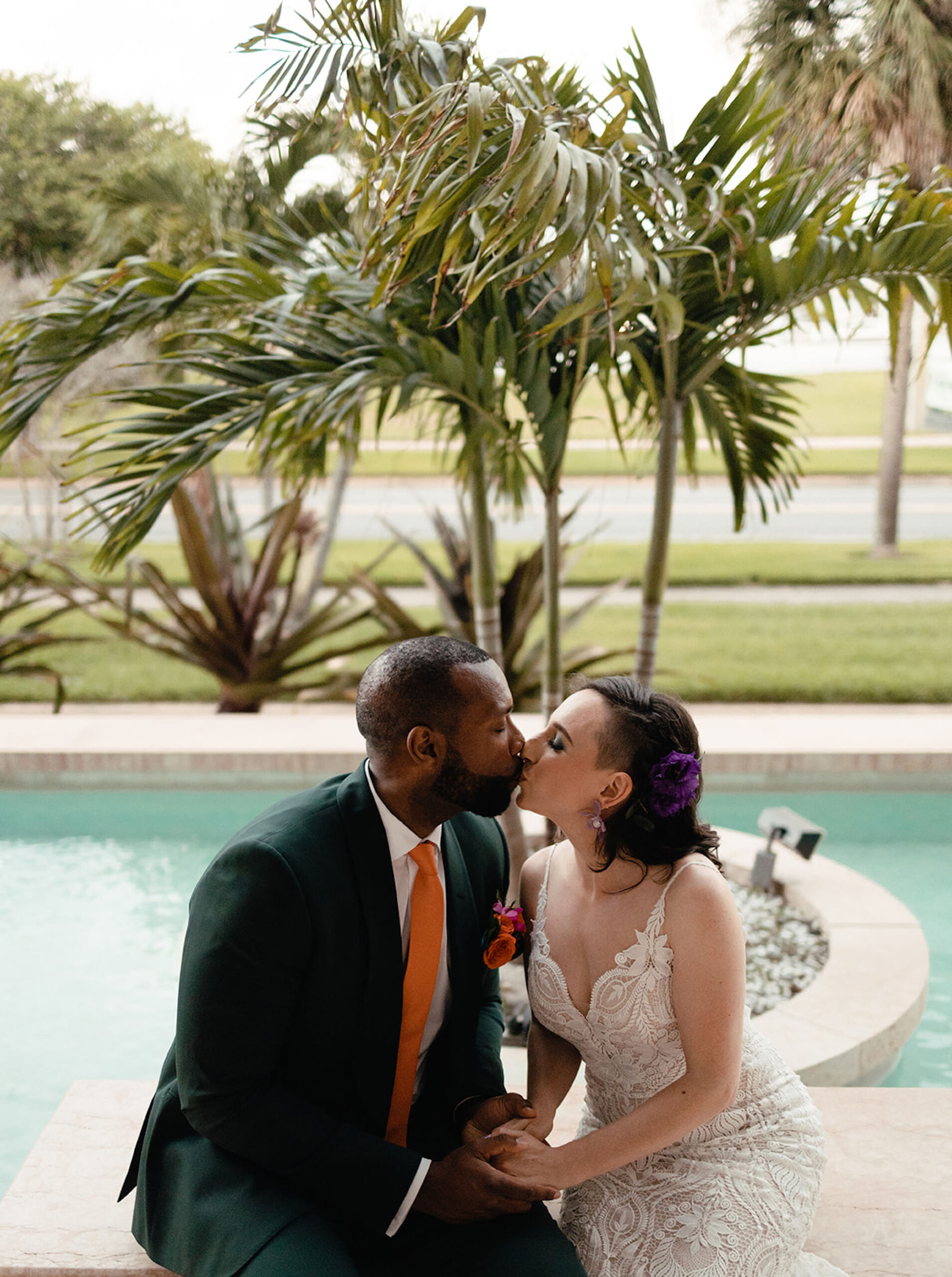 Bride and Groom Water Fountain Wedding Portrait | Downtown St. Pete Venue Poynter Institute
