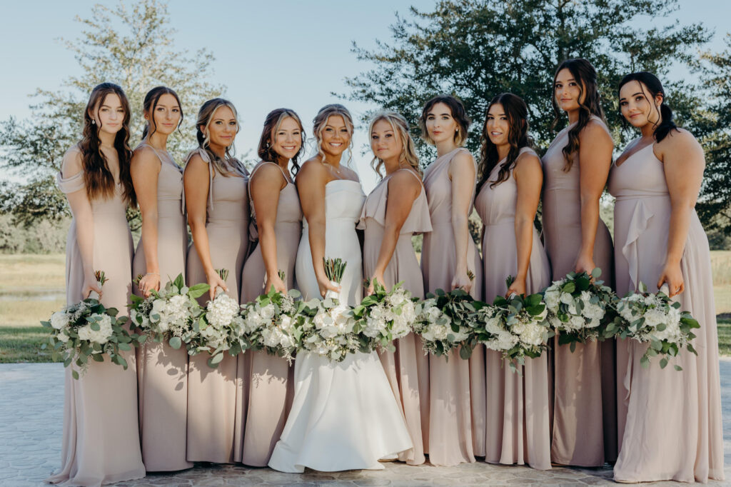 Nude Pastel Floor Length Bridesmaids Wedding Dres Ideas | White Rose and Greenery Wedding Bouquets