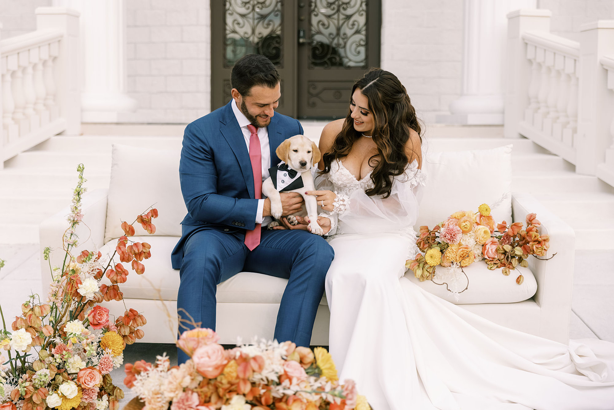 Bride and Groom with Adoptable Puppy Wedding Portrait | Unique Wedding Trends | Tampa Bay Fairytail Pet Care