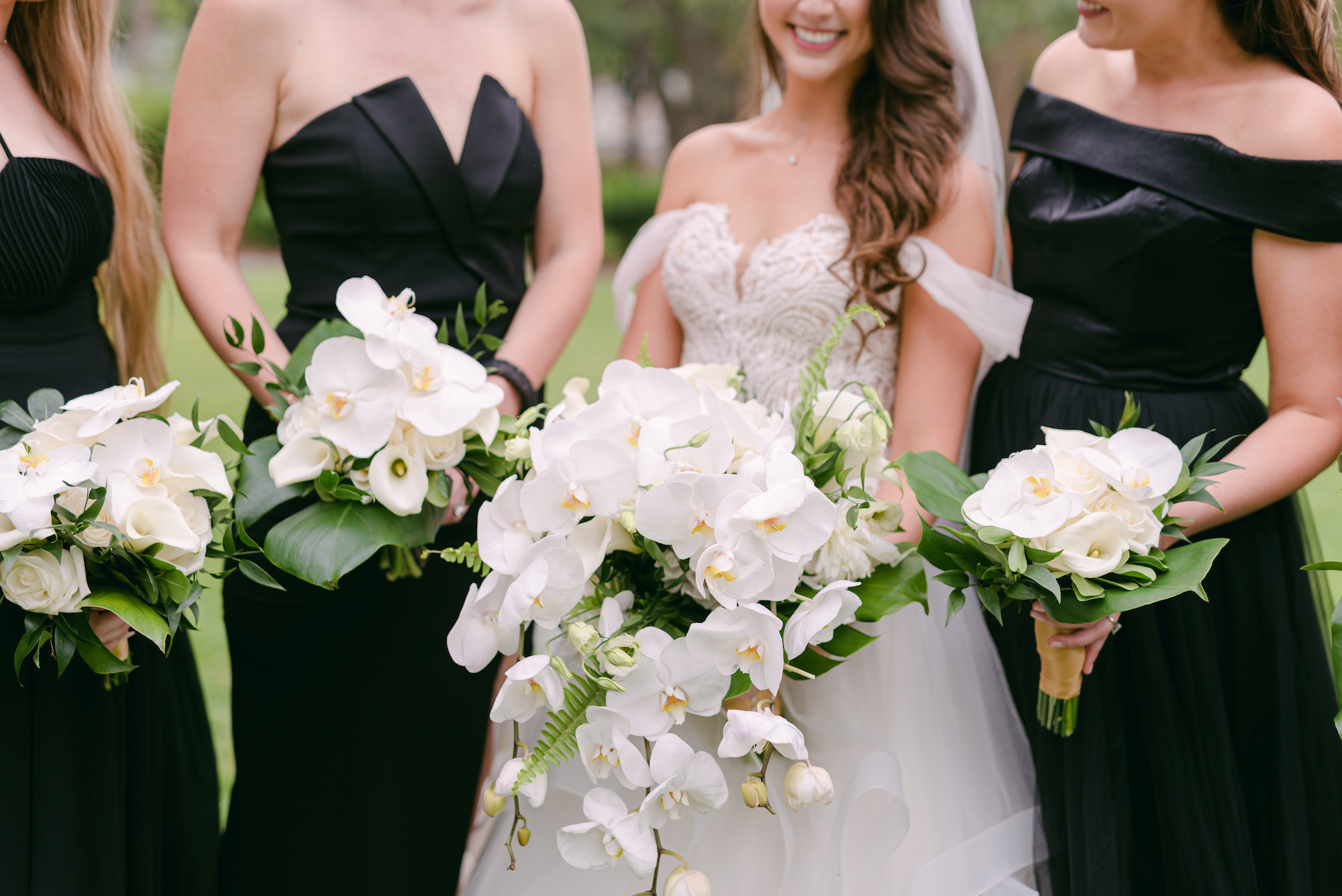 Timeless Black Bridesmaid Dresses Inspiration and White Orchard Wedding Bouquet | Tampa.Wedding Florist FH Events