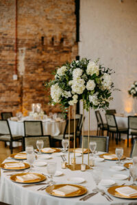 Tall Gold Flower Stand with White Hydrangeas, Roses, and Greenery Centerpieces | Tampa Florist Monarch Events and Design