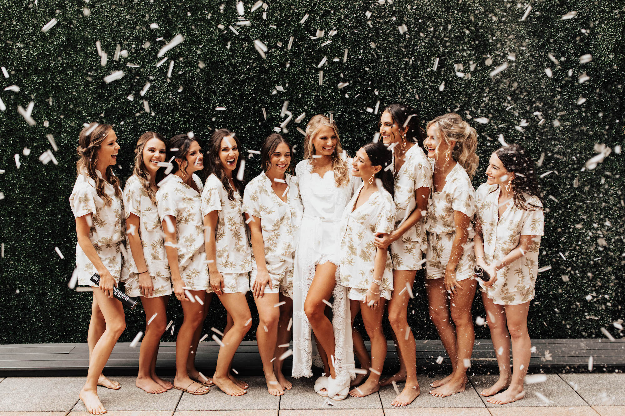 Bride and Bridesmaids Getting Ready Wedding Portrait | Matching Boho Palm Tree Pajama Sets | Tampa Bay Hair and Makeup Artist Femme Akoi Beauty Studio