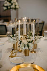Acrylic Gold Mirror Table Number | Taper Candles with Gold Holders and Hurricane Tube Centerpieces | White Rose and Hydrangea Flower Arrangement Ideas