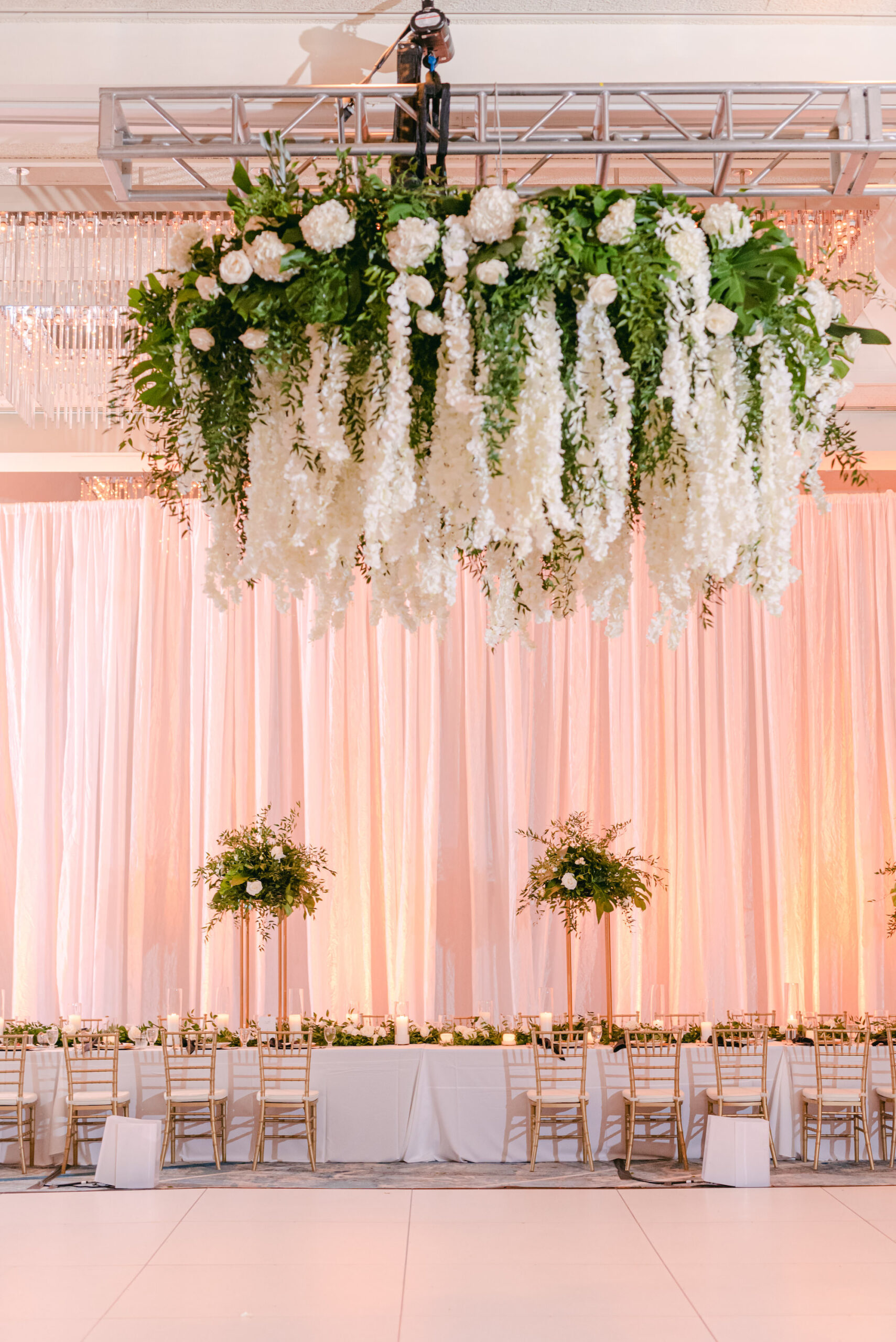 Hanging Floral Chandelier with White Draped Ballroom | Elegant Wedding Reception Decor Ideas | Tampa Wedding Florist FH Events | Venue Hilton Tampa Downtown
