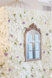 Whimsical Flower Wall | Wedding Reception Mirror Table Seating Chart Inspiration