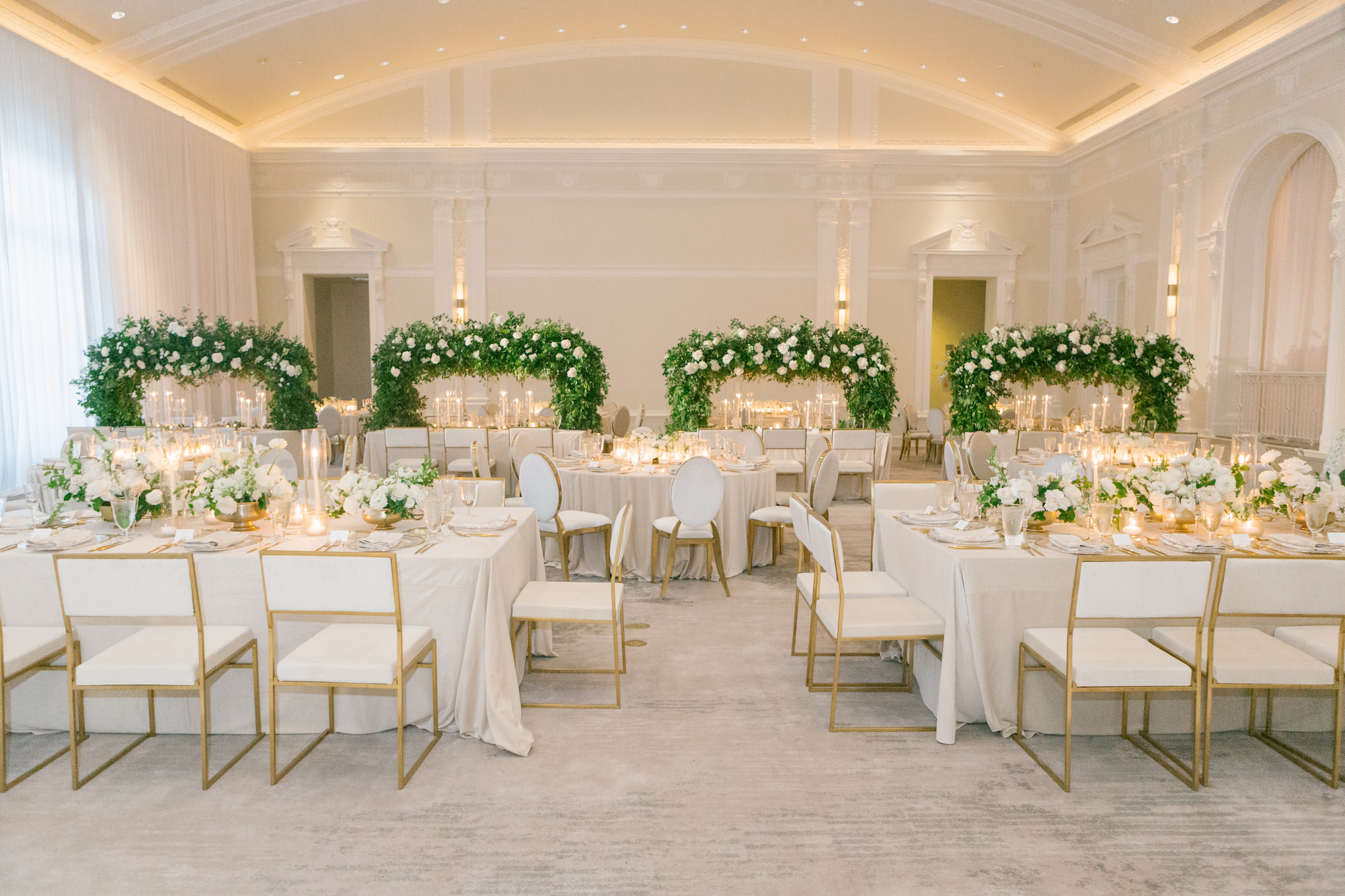 Luxurious White and Gold Wedding Reception Floral Inspiration with Greenery | St Petersburg Ballroom Venue The Vinoy Renaissance | Tampa Bay Rental A Chair Affair | St Pete Planner Parties A'La Carte | Over the Top Linen Rental