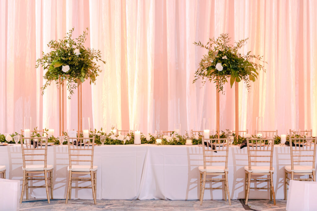 Tall Greenery Wedding Centerpieces with Gold Stands | Elegant Reception Decor Ideas