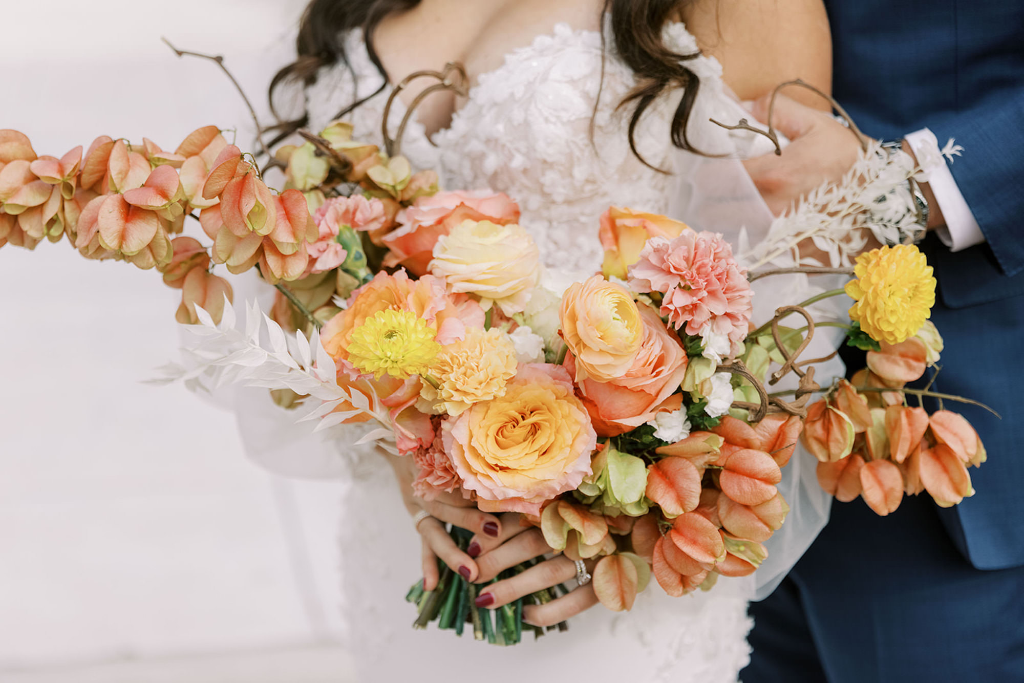 White Fern, Yellow Dahlia, Garden Rose, Carnation Bridal Wedding Bouquet