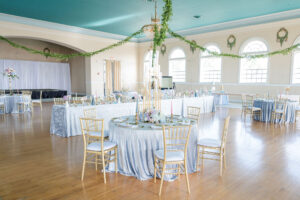 Greenery Garland | Whimsical Spring Pastel Blue Wedding Reception Inspiration | Gold Chiavari Chairs with Sky Blue Linens | Ybor Rentals Gabro Event Services | Venue The Cuban Club | Florist Save the Date Florida
