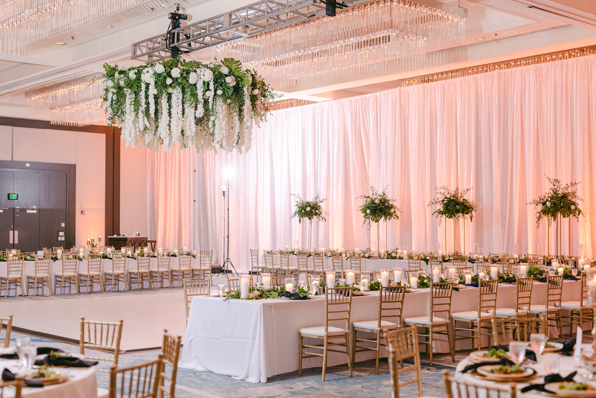 Hanging Floral Chandelier with White Draped Ballroom | Elegant Wedding Reception Decor Ideas | Tampa Wedding Florist FH Events | Venue Hilton Tampa Downtown