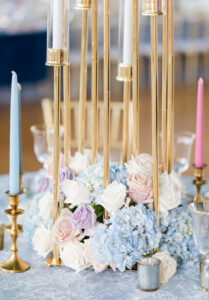 Gold Taper Candle Stand | Whimsical Spring Pastel Blue, Purple, Pink, and White Floral Arrangment Centerpiece Inspiration | Tampa Florist Save the Date Florida