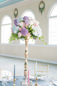 Spring Inspired Tall Gold Flower Stand with Blue and White Hydrangeas, Pink Rose Centerpiece Inspiration | Tampa Bay Florist Save the Date Florida