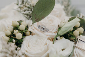 Three Diamond Band Halo Wedding and Engagement Ring in Silver | White and Blush Roses with Greenery