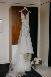 White and Nude Tulle Deep V-Neckline Flower Applique Mermaid Zavana Bridal Wedding Dress Ideas