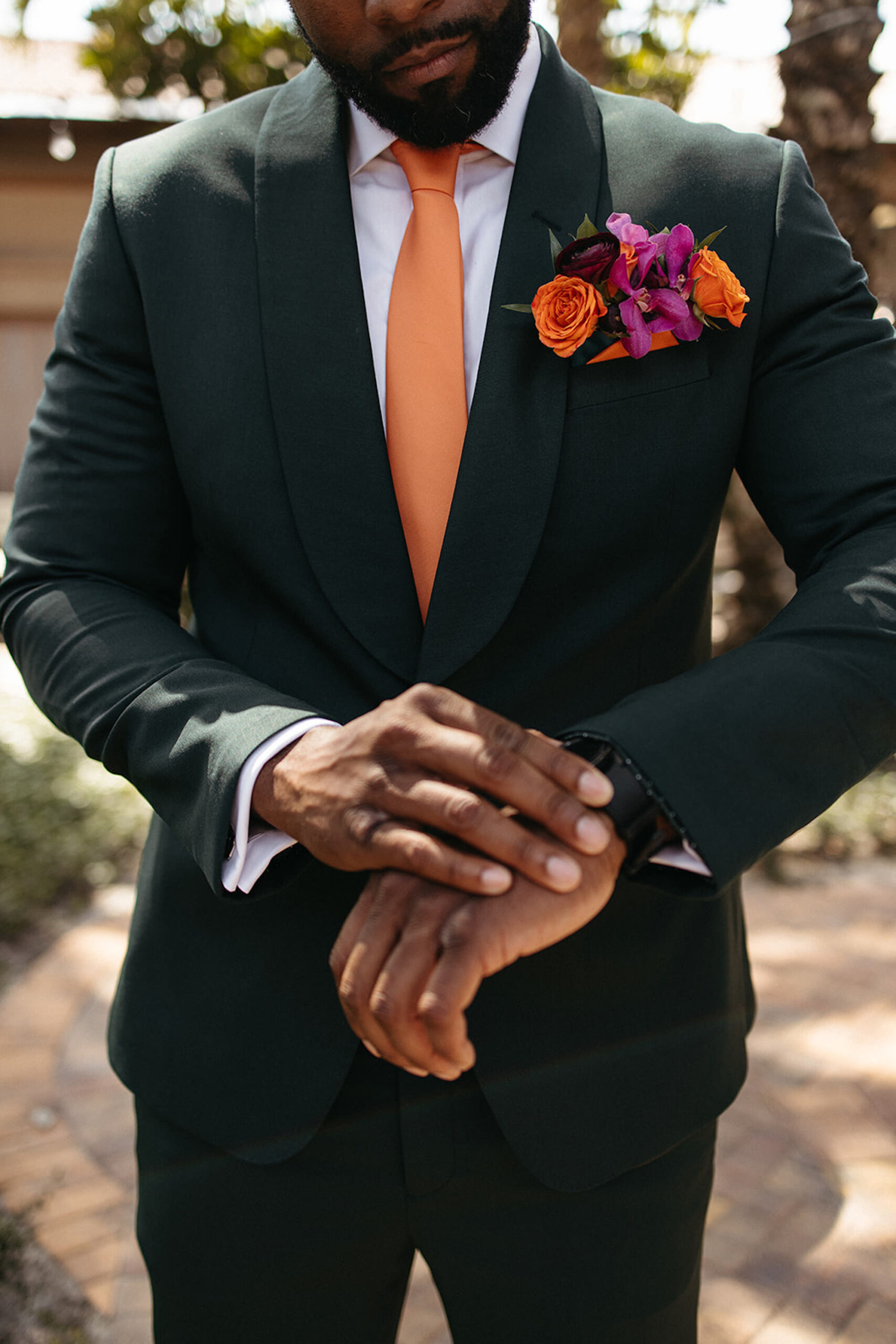 Groom Getting Ready Wedding Portrait | Dark Green Suit Ideas | Orange Tie Inspiration