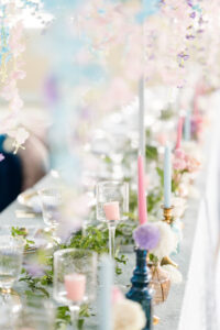 Pink and Blue Taper Candles Centerpieces | Whimsical Pastel Table Decor Wedding Reception Inspiration