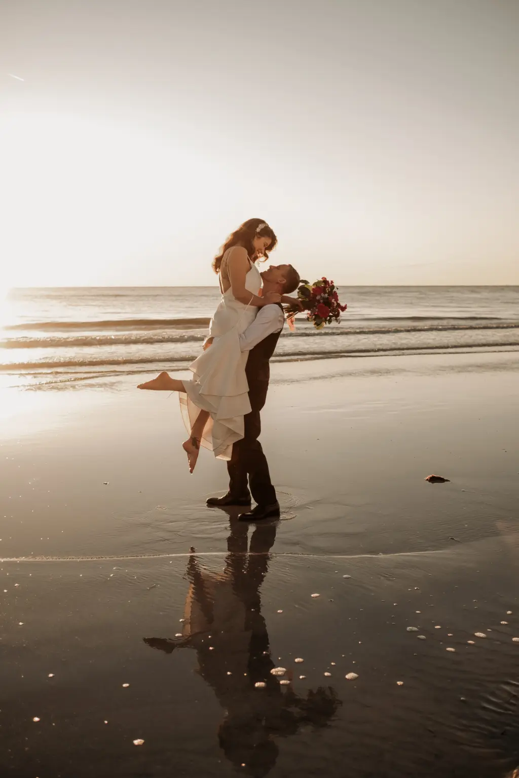 Bride and Groom Florida Beach Sunset Golden Hour Wedding Portrait Inspiration