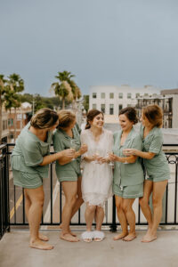 Sage Green Matching Bridesmaids Pajamas Ideas | White Lace Bridal Wedding Robe