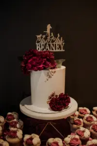 Tall One Tier White Round Wedding Cake with Purple Roses and Gold Mr Mrs Last Name Cake Topper