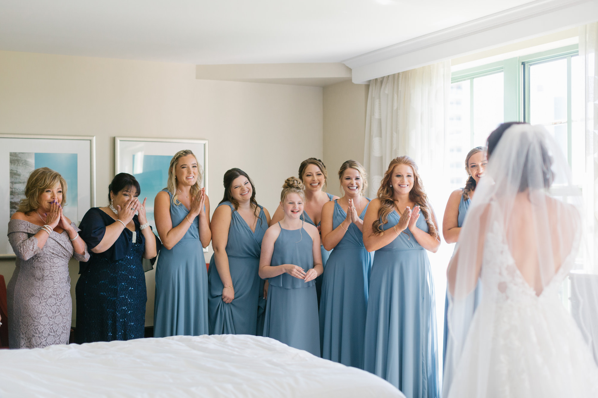 Bridesmaids First Look | Matching Dusty Blue Wedding Dresses
