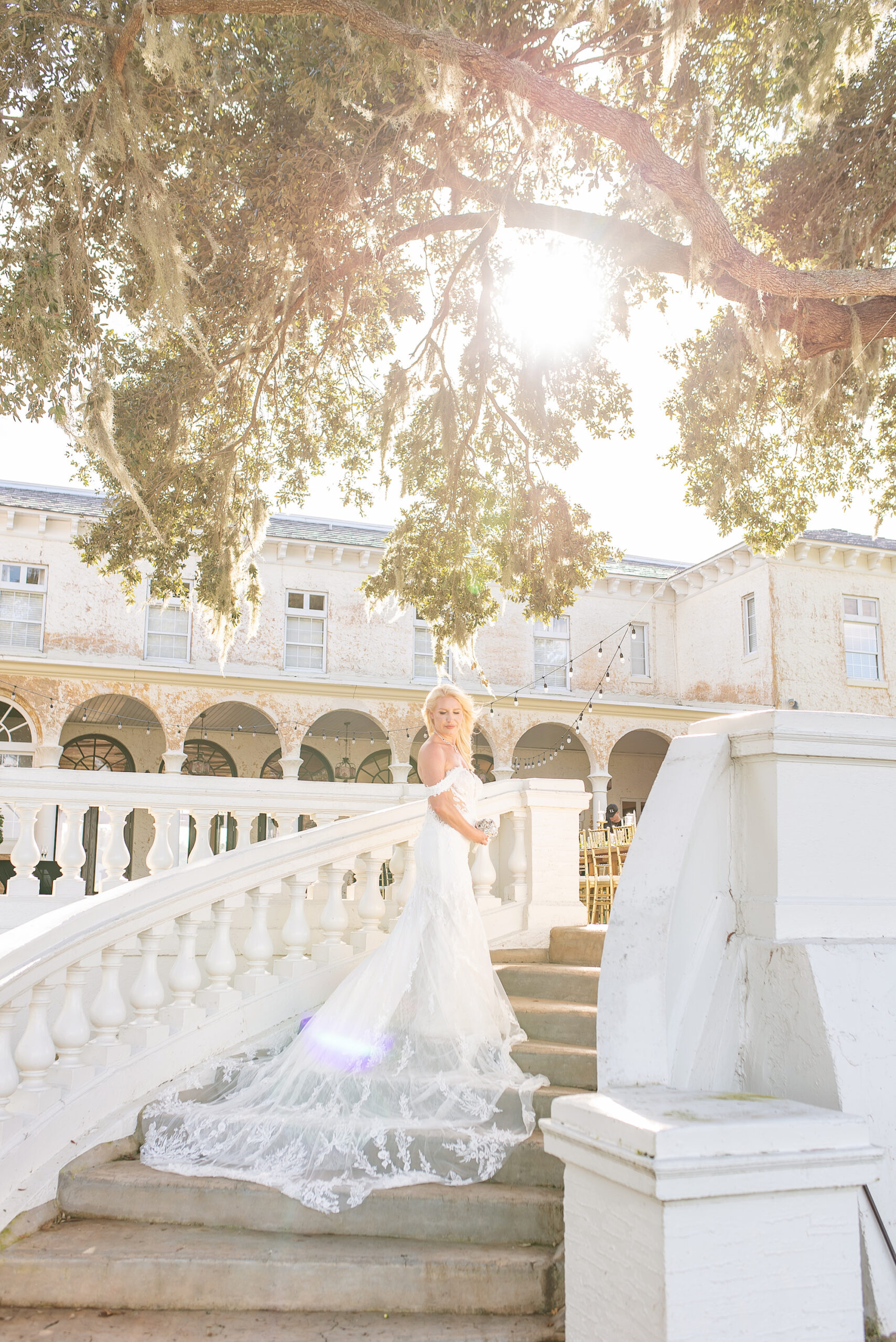 Outdoor Bridal Wedding Portrait on Stairs at Italian Inspired Setting in Central Florida | Venue Bella Cosa | Tampa Bay Wedding Photographer Kristen Marie Photography