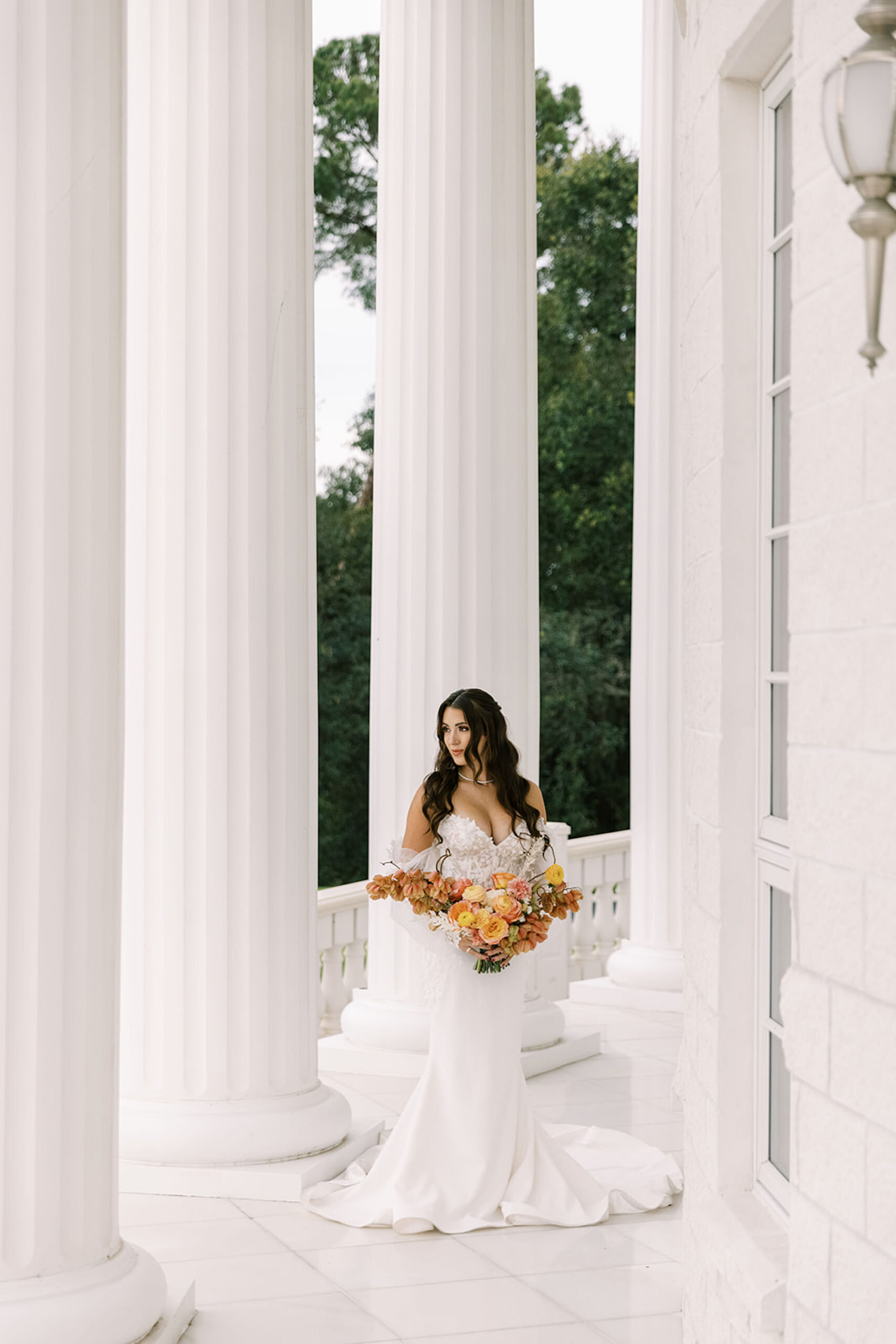Off-the-shoulder Long Sleeve Fit and Flare Wedding Dress Inspiration | Wavy Half Up Half Down Hairstyle Ideas | Tampa Bay Hair and Makeup Artist Adore Bridal | Tarpon Springs Whitehurst Gallery