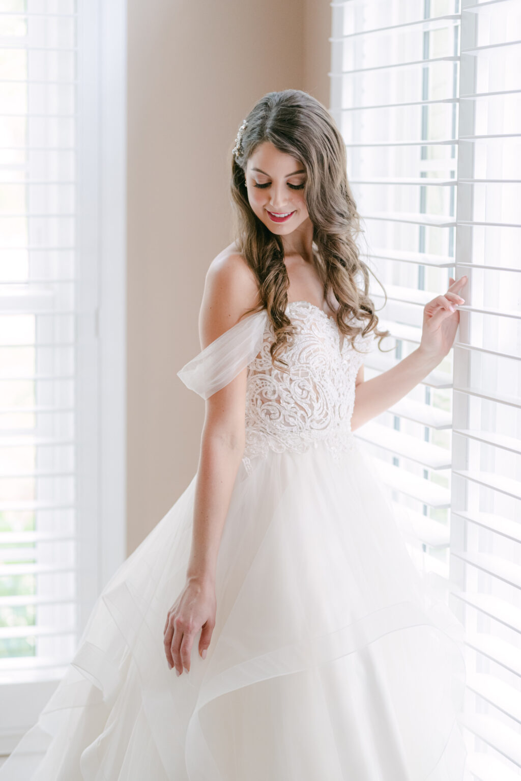 Sweetheart Off the Shoulder A-Line Ballgown Wedding Dress Ideas | Bride Getting Ready with Bridesmaids Wedding Portrait | Tampa Hair and Makeup Artist Femme Akoi Beauty Studio
