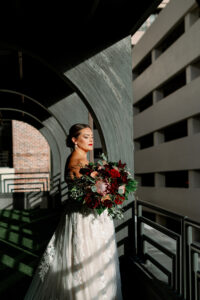 Dark Moody Modern Wedding Portrait with Burgundy Bouquet | St. Petersburg Wedding Photographers Dewitt for Love Photography