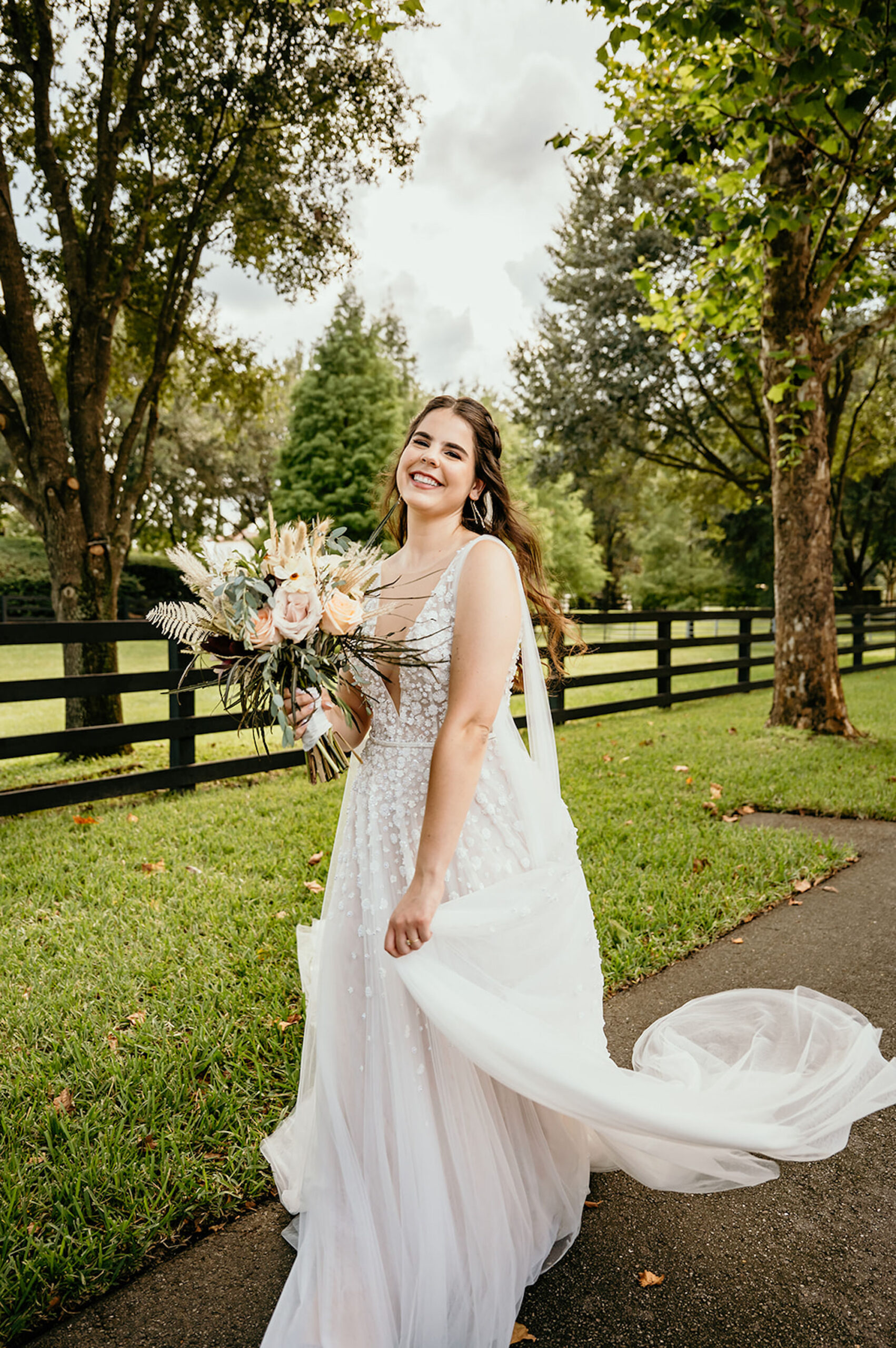 Natural Glam | Boho Peach Roses, White Fern, Greenery and Dried Flower Wedding Bouquet Ideas | Tampa Bay Florist Save The Date Florida | Hair and Makeup Artist Adore Bridal Hair and Makeup