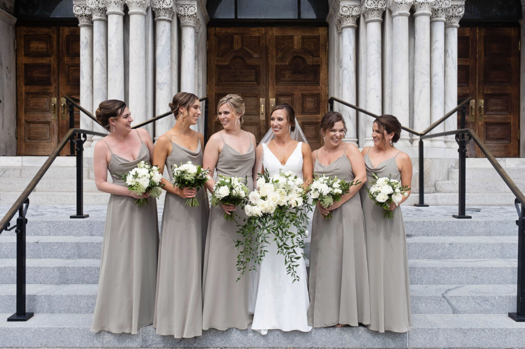 Matching Neutral Beige Cowl Neck Bridesmaids Wedding Dresses Inspiration | White Roses and Ruscus Greenery Bouquet Inspiration | Tampa Bay Florist Bruce Wayne Florals
