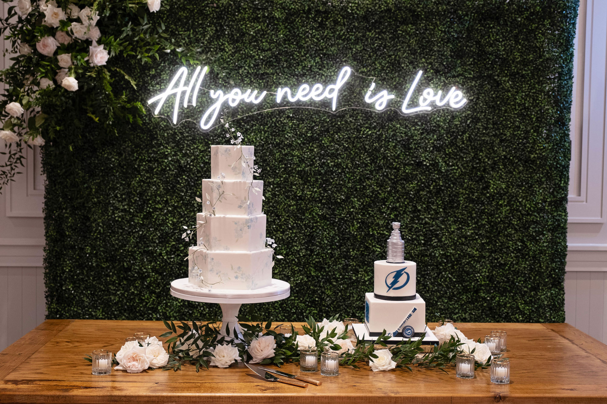 Four-Tier Geometric Wedding Cake | Lightning Groom Cake | All You Need is Love Neon Wedding Cake Dessert Table Sign Ideas