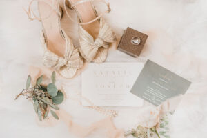 Gold Bow Loeffler Randall Wedding Shoe Ideas | Cream and Green Wedding Invitation Suite