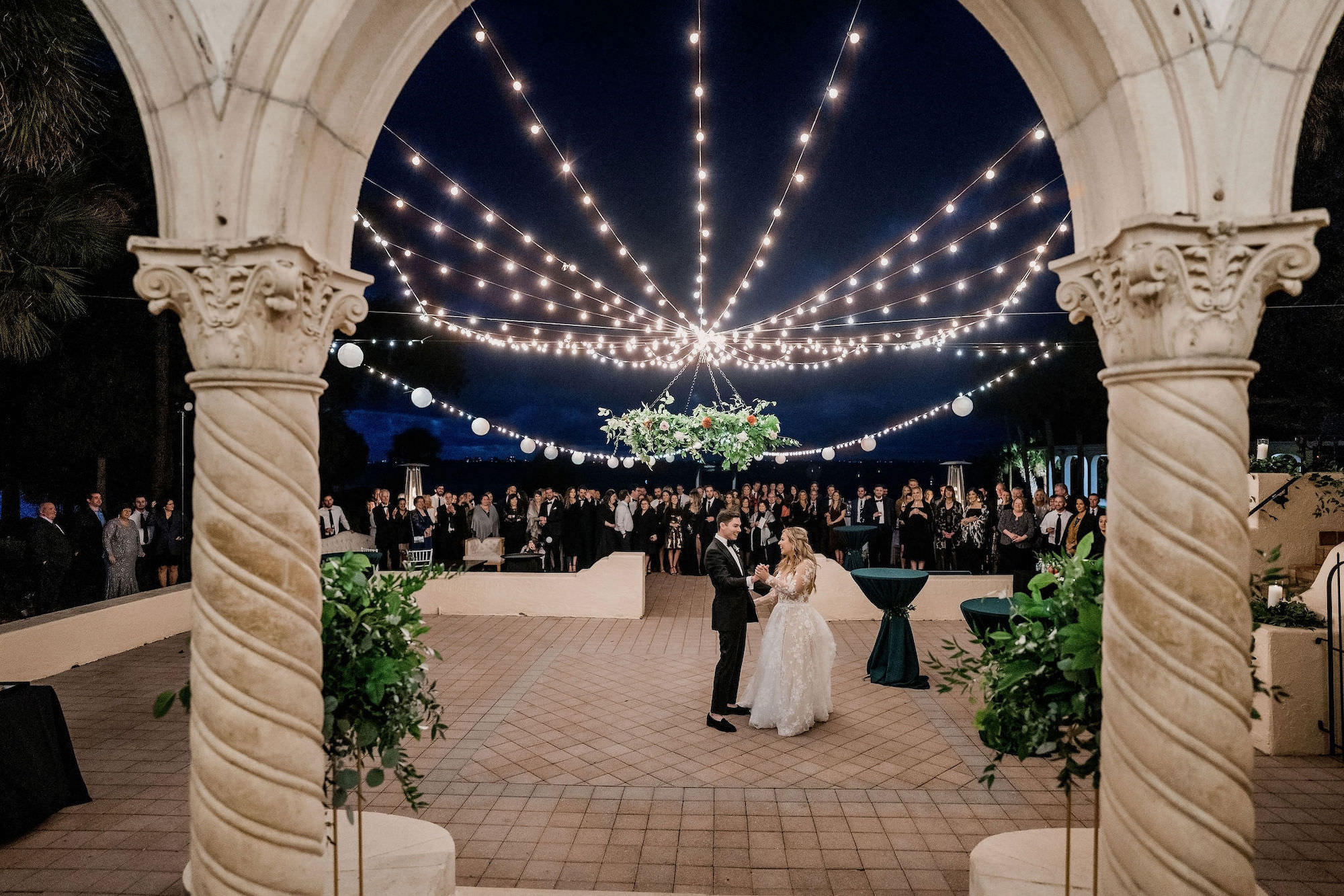 Bride and Groom Wedding Reception First Dance | String Lights | Sarasota Gabro Event Rentals | Florist Monarch Events and Design | Planner Coastal Coordinating