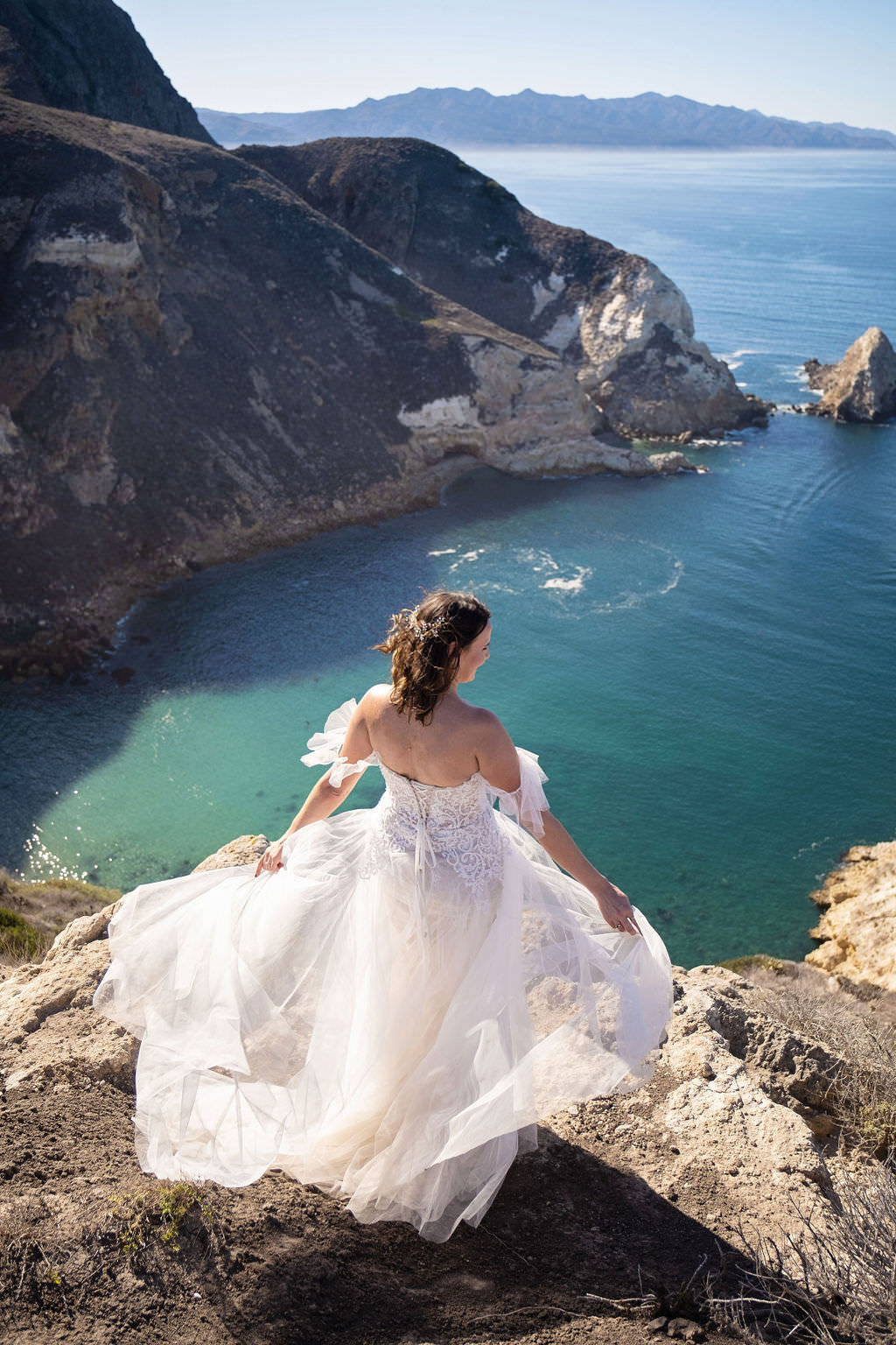 Channel Islands National Park Wedding Destination Elopement | White Off the Shoulder Lace and Tulle A-line Arden Bridal Wedding Dress