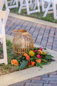 Boho Rattan Lantern and Tropical Flower Wedding Aisle Decor Ideas