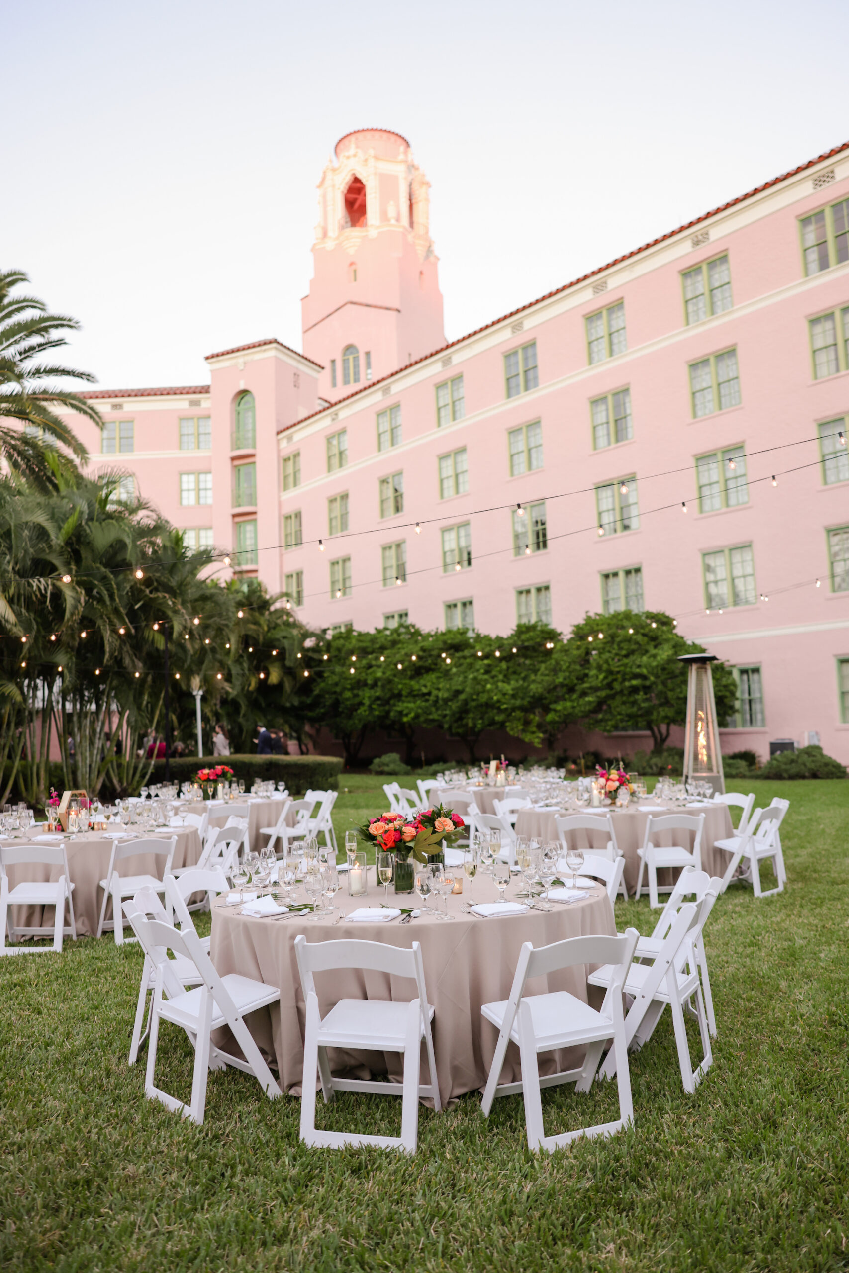 Outdoor Wedding Reception | Champagne Linen | White Folding Garden Chairs | St Petersburg Venue The Vinoy