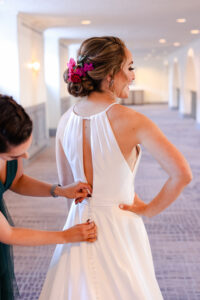 White Keyhole Open Back Wedding Dress Ideas | Bridal Updo and Floral Hair Piece | Tampa Bay Hair and Makeup Artist Femme Akoi Beauty Studio