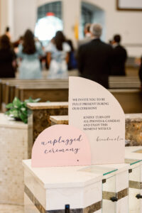 Geometric Blush Pink and Peach Unplugged Wedding Ceremony Sign Inspiration