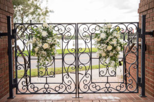 Classic Gate Flower Arrangement Ideas | White Crysanthemums , Roses, Snapdragons, and Greenery |