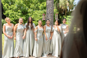 Bridesmaids First Look Wedding Portrait | Mismatching Satin Dusty Sage Green Dress Inspiration