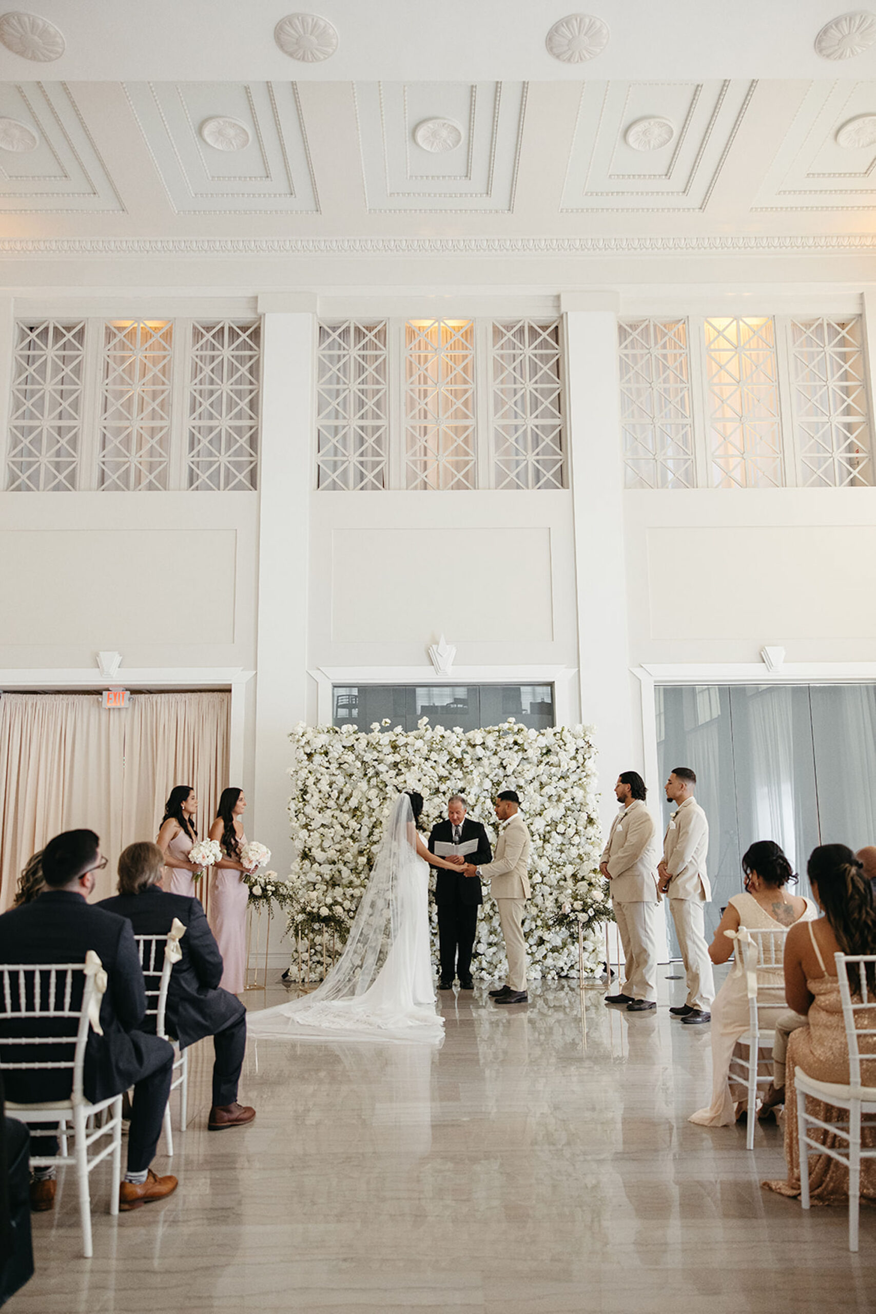 White Flower Ceremony Backdrop Wall Wedding Altar Ideas | Downtown Tampa Venue The Vault | Planner Coastal Coordinating