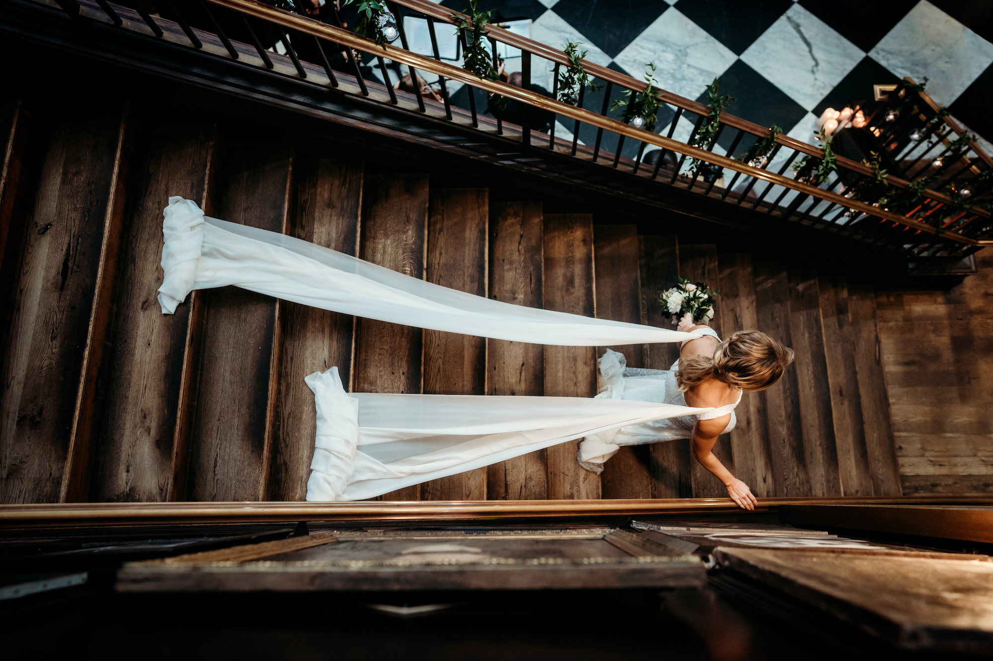 Bride Walking Down Ceremony Staircase | Venue Oxford Exchange | Tampa Florida Event Planner Special Moments