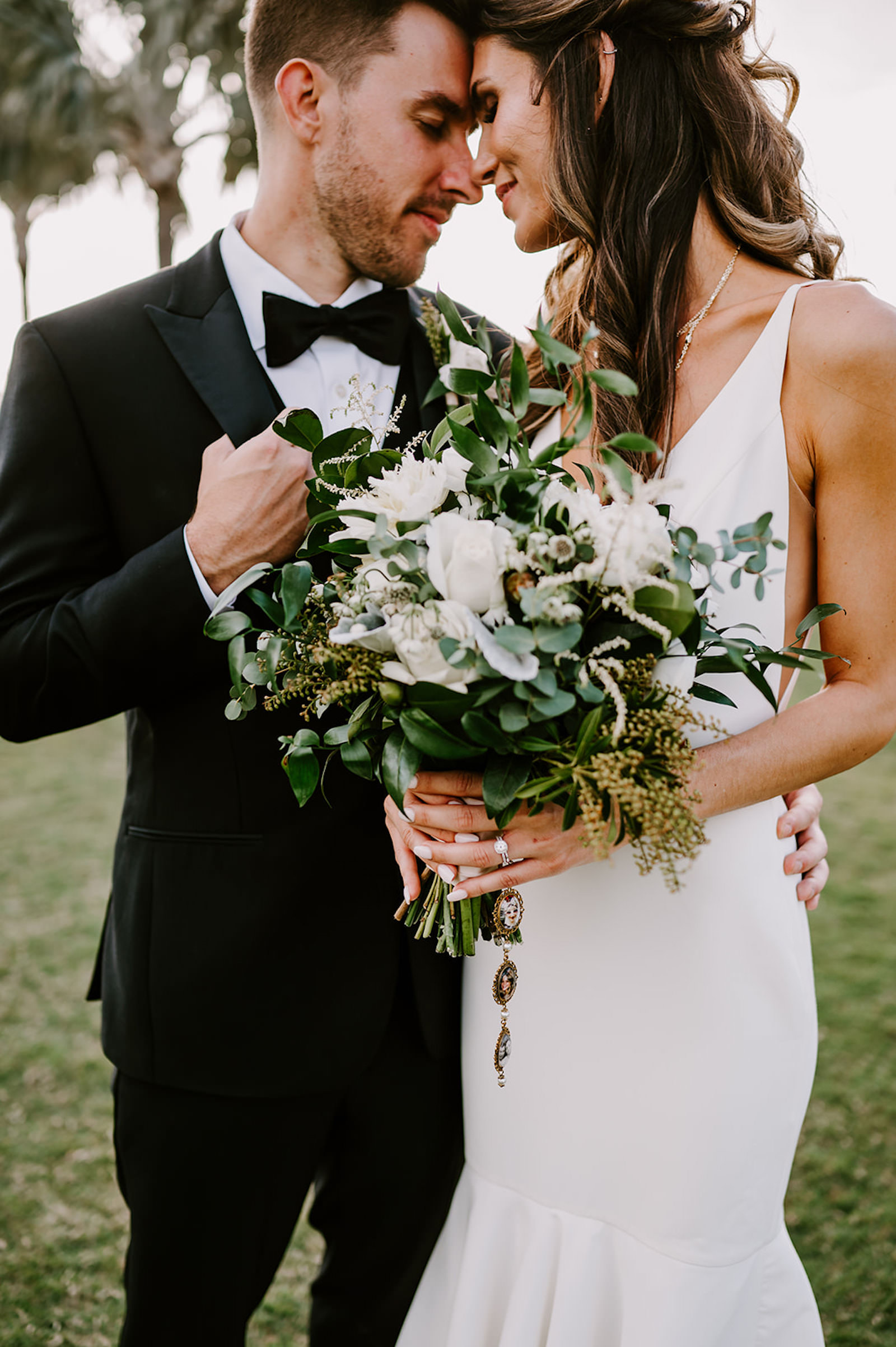 Intimate Bride and Groom Wedding Portrait | White Rose and Greenery Bridal Bouquet Ideas